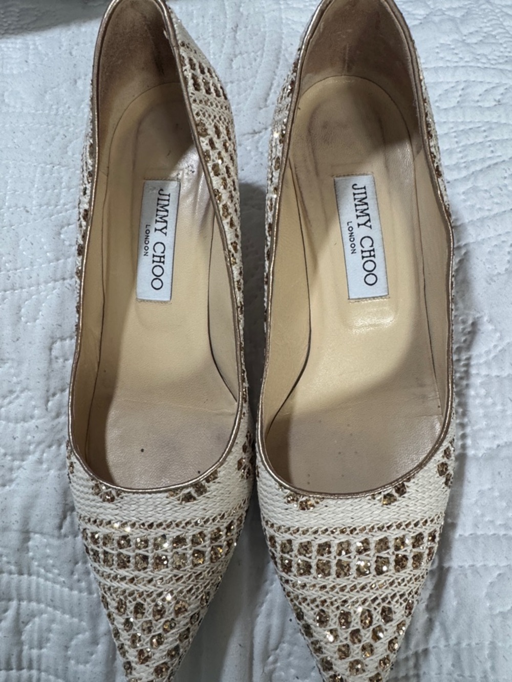 Jimmy Choo Cream Crochet Pointed Pumps with Gold Accents